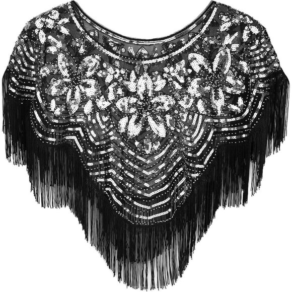 Women's Black Silver 1920s Shawl Sequin Beaded Art Evening Cape Tassel Shawls - Picture 1 of 6